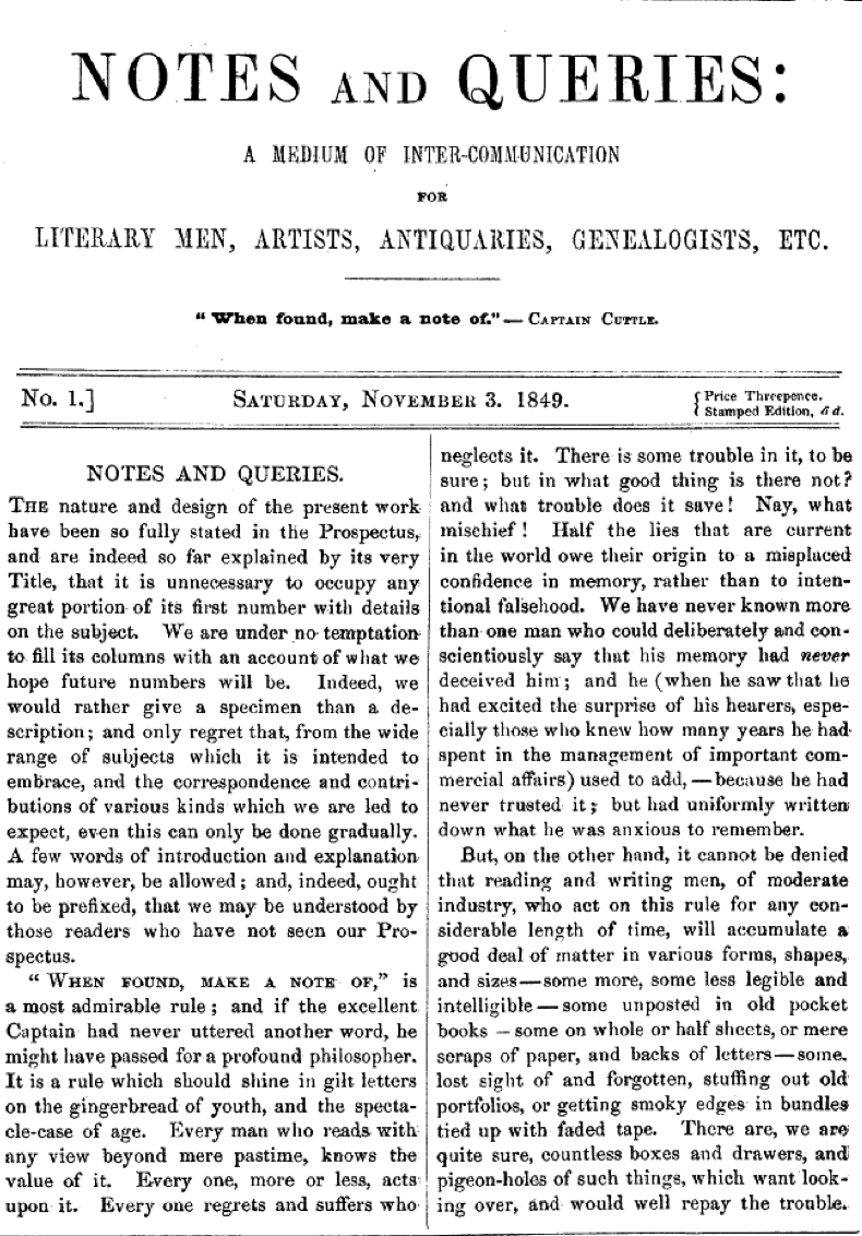 Page 1 of the first issue of Notes and Queries, dated November 3, 1849. Internet Library of Early Journals.