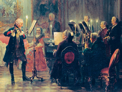 An eighteenth-century painting depicting a man in a white wig performing on his flute, accompanied by a piano and several other musicians, for a small crowd in an opulently decorated gilt room.