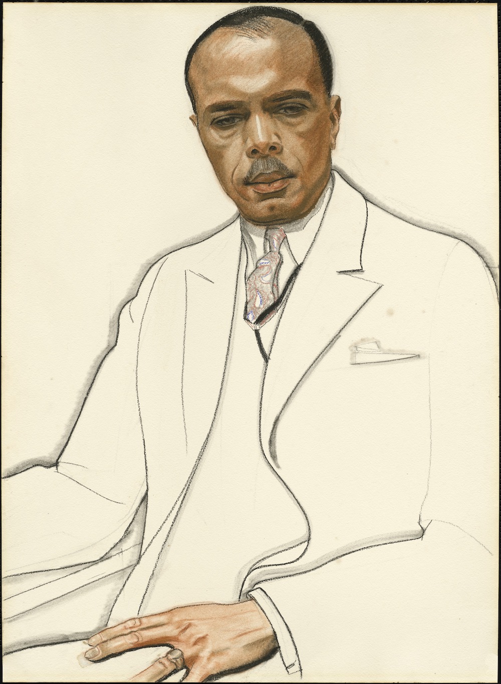 A drawing of James Weldon Johnson, seated and wearing a white suit.