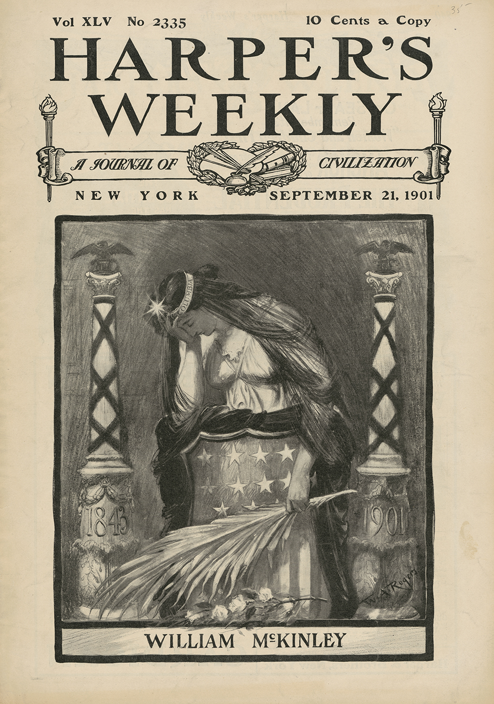 Cover of September 21, 1901, issue of Harper’s Weekly with illustration of America mourning William McKinley by William Allen Rogers. National Portrait Gallery, Smithsonian Institution.