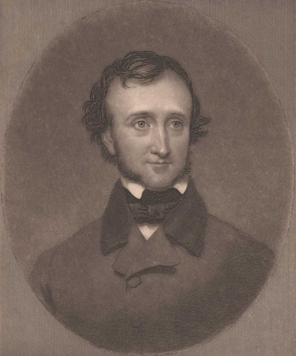 Edgar Allan Poe, engraving by John Sartain of a picture in the collection of R.W. Griswold, 1849.