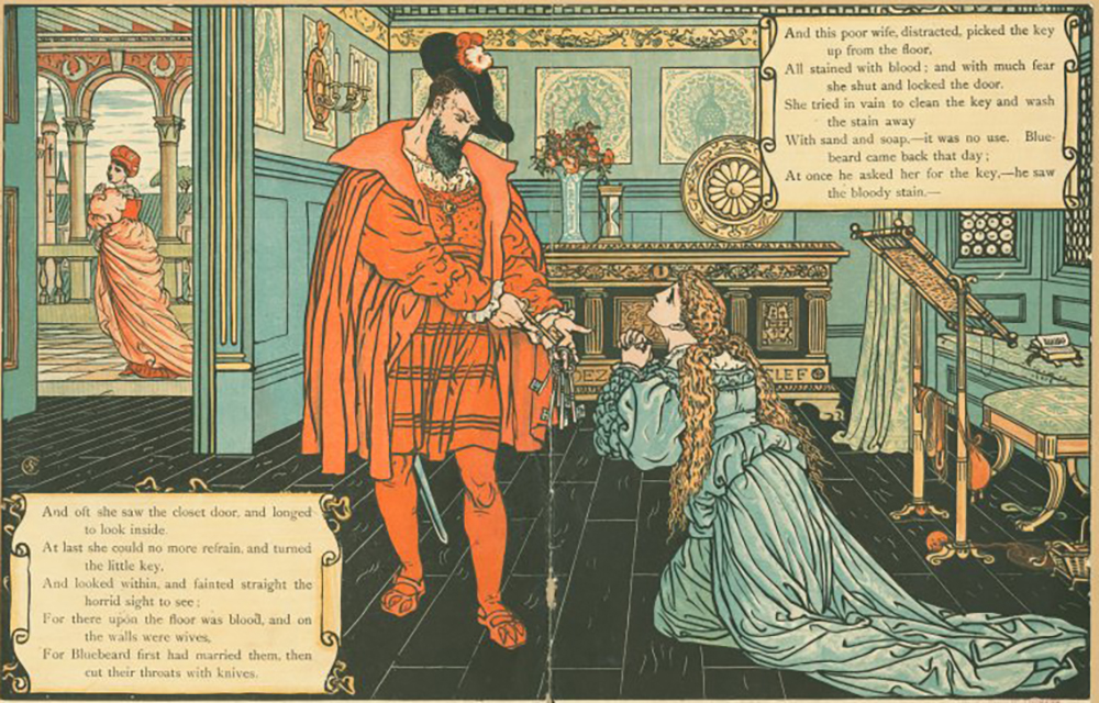 Illustration from a children’s book about Bluebeard by Walter Crane and Edmund Evans. The New York Public Library, The Miriam and Ira D. Wallach Division of Art, Prints and Photographs.