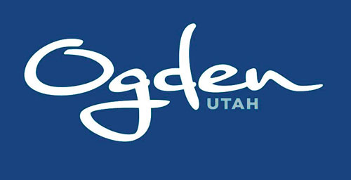 A blue rectangle with the words Ogden and Utah in white and pale blue, respectively. 