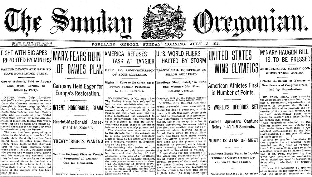 Image of the front page of the Oregonian, July 13, 1924. The article “Fight with Big Apes Reported by Miners” is on the far left.