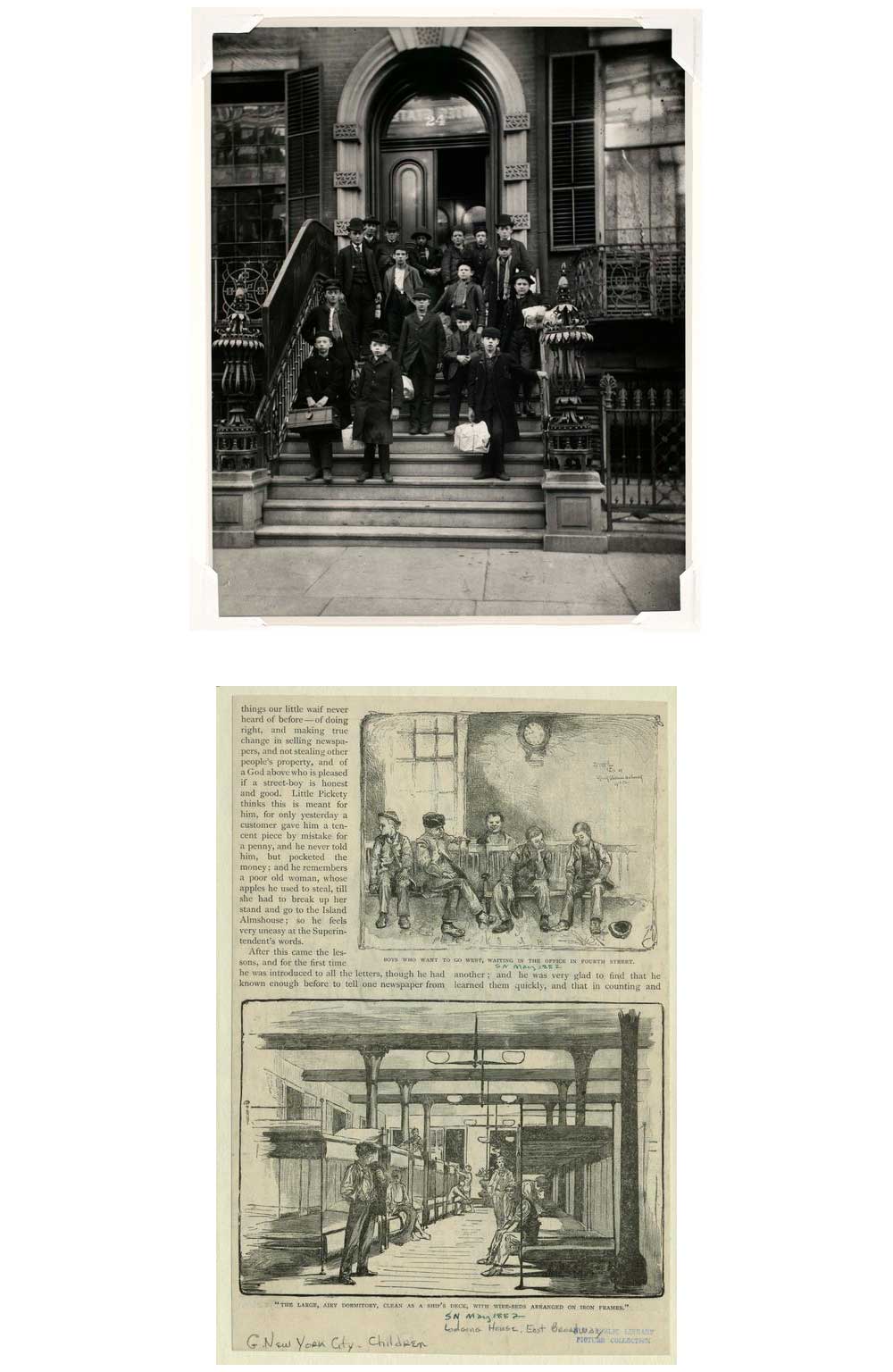 Top: Children’s Aid Society: Going West, by Jacob Riis, c. 1888. Bottom: Boys who want to go west, waiting in the office in Fourth Street, 1882.