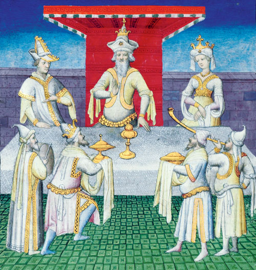 a medieval image depicting three figures bringing gold objects to three other people, two of whom are wearing crowns. All the figured are dressed in white.