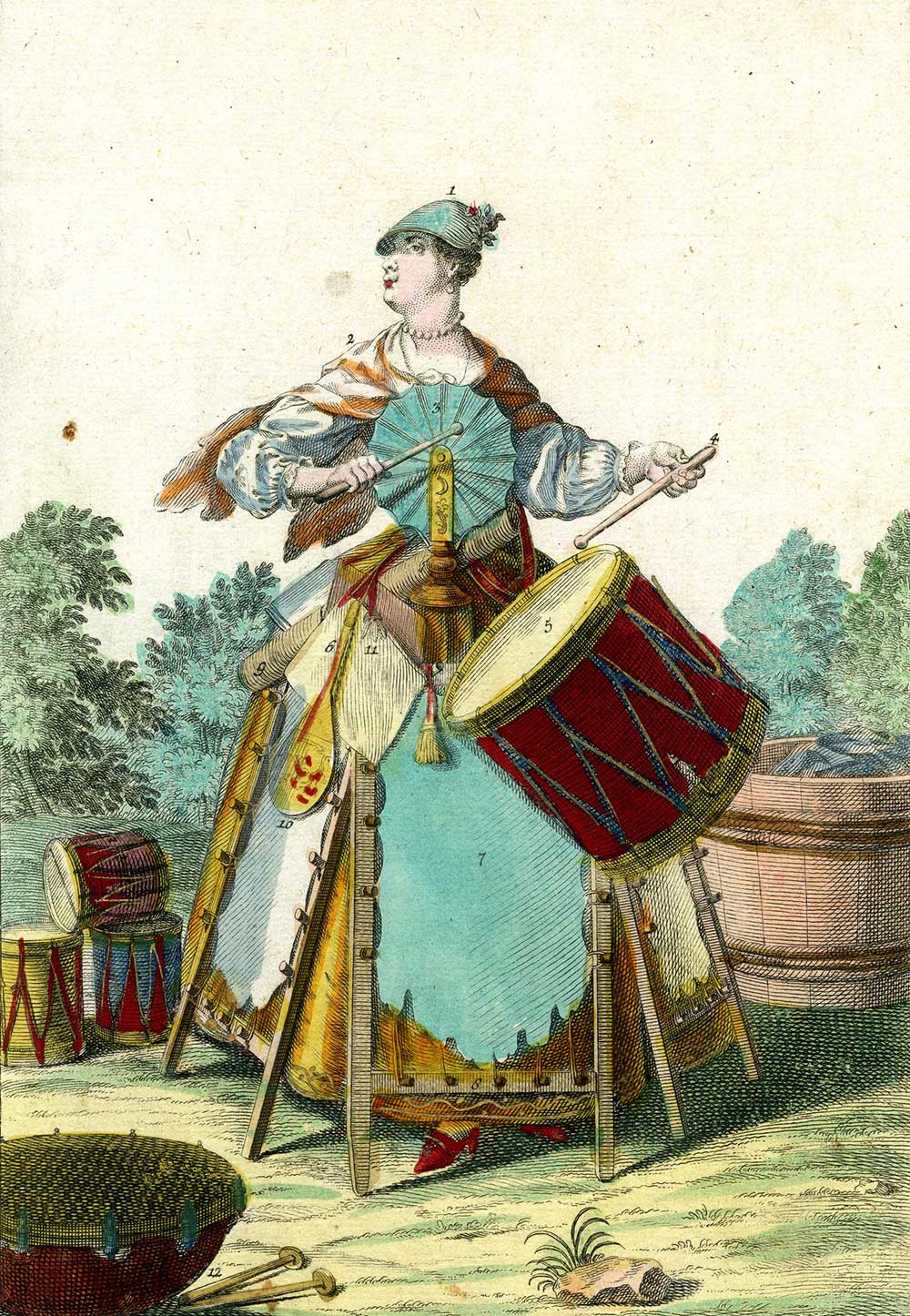 Female parchment maker dressed in fans and frames with stretched skins, striking a large parchment-covered drum. c. 1730.