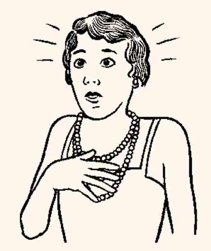 a line drawing of a woman clutching a pearl necklace