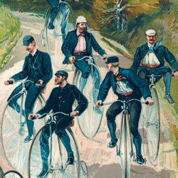 A painting of a group of men riding penny farthing bicycles.