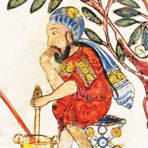 An image from a manuscript showing a man wearing a scarf on his head and mixing something in a bowl.
