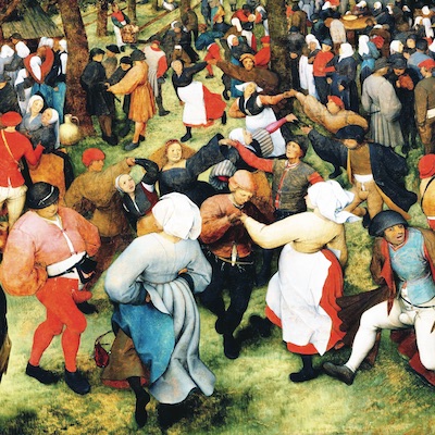 A painting by Pieter Bruegel depicting a crowd of people dancing in a field.