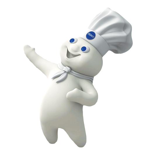 The cartoon mascot for the brand Pillsbury. The mascot is a white humanoid cartoon with blue eyes and a chef's hat.