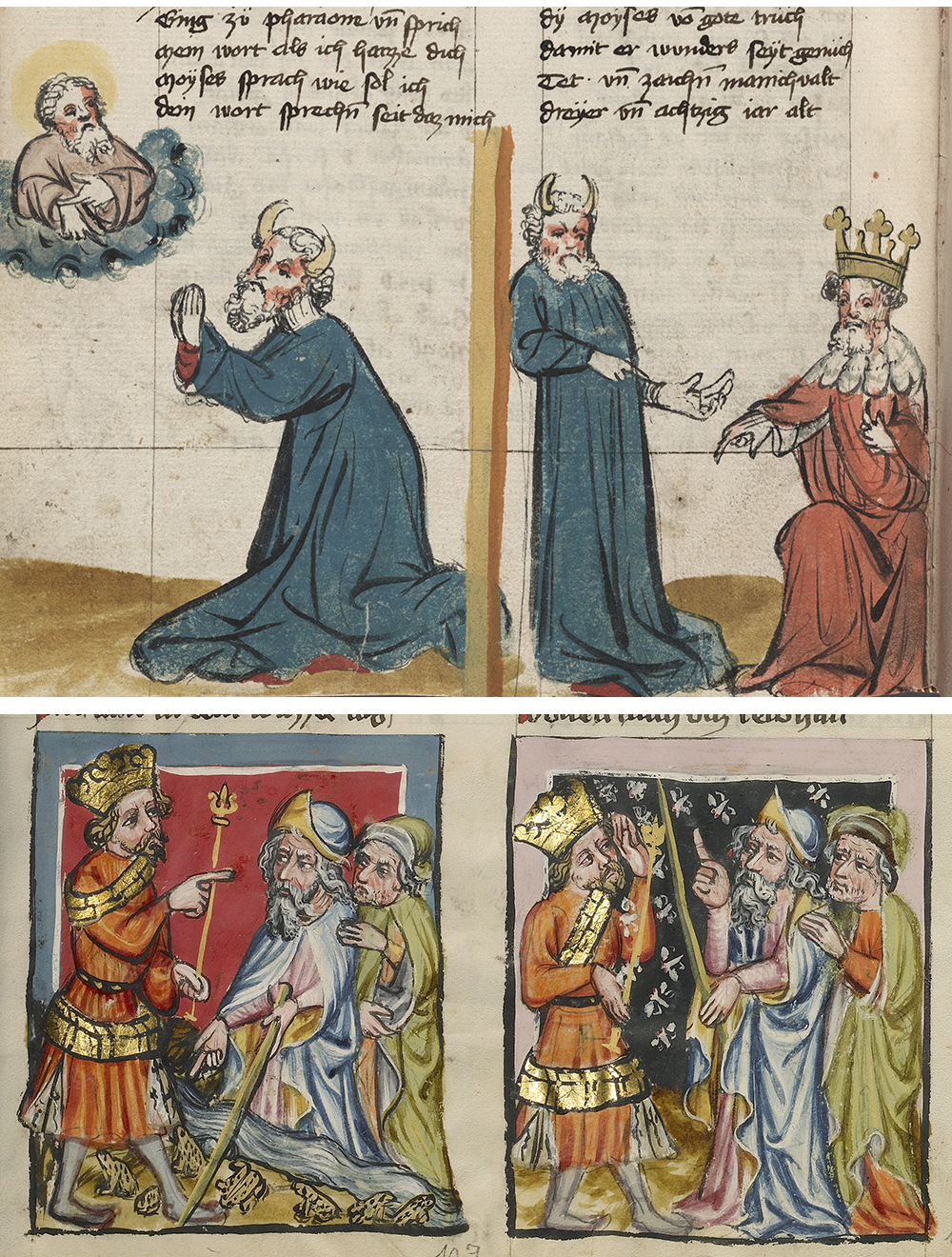 Top: Page from Weltchronik, by Rudolf von Ems, 1402. The New York Public Library, Spencer Collection. Bottom: The Plague of Frogs; The Plague of Maggots, by Rudolf von Ems, c. 1400. © The J. Paul Getty Museum, Los Angeles; digital image courtesy of the Getty’s Open Content Program.
