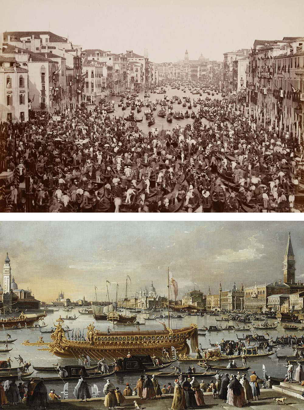 Top: <em>Venezia, La Regata</em>, by Giovanni Battista Brusa, c. 1870. The J. Paul Getty Museum, Los Angeles. Bottom: <em>Venice: the Bacino di San Marco on Ascension Day<em>, after Canaletto, c. 1763.