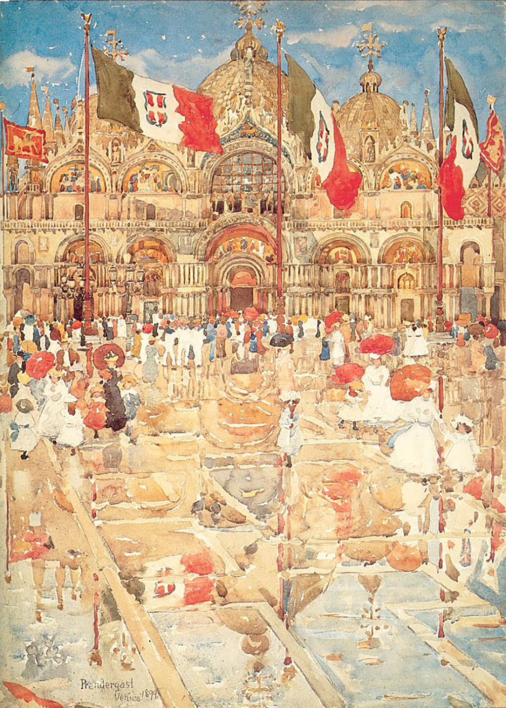 A modernist painting of the Plaza San Marco in Venice. A crowd of people in front of the church hold red umbrellas.