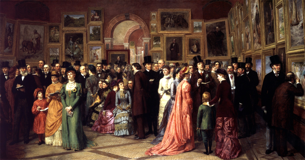 “A Private View at the Royal Academy,” by William Powell Frith, 1883. Prominent members of the aesthetic movement are pictured here, including Wilde and his admirers.