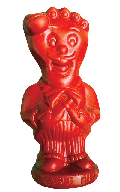 A red cartoon figurine.