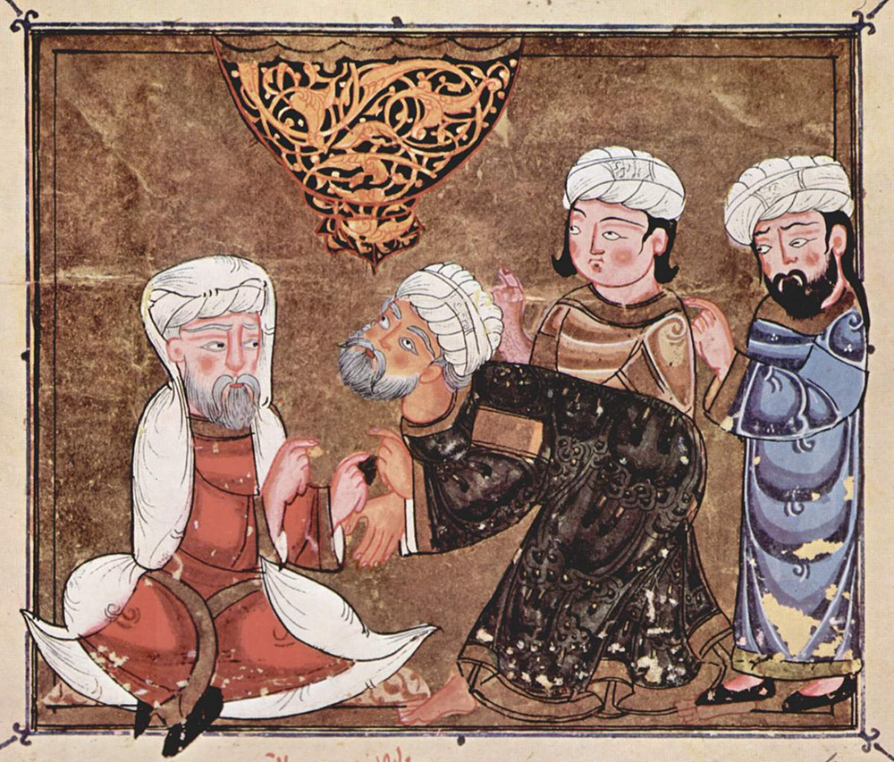 Abû Zayd pleads before the qadi of Maʿarra, c. 1334. Austrian National Library.