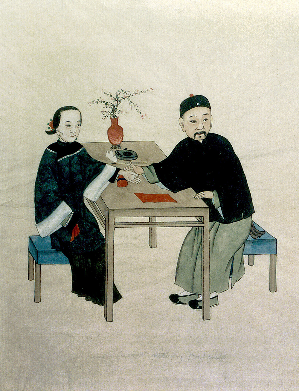 A doctor taking the pulse of a woman patient, by Pei Qun Zhou, c. 1890. Wellcome Collection.