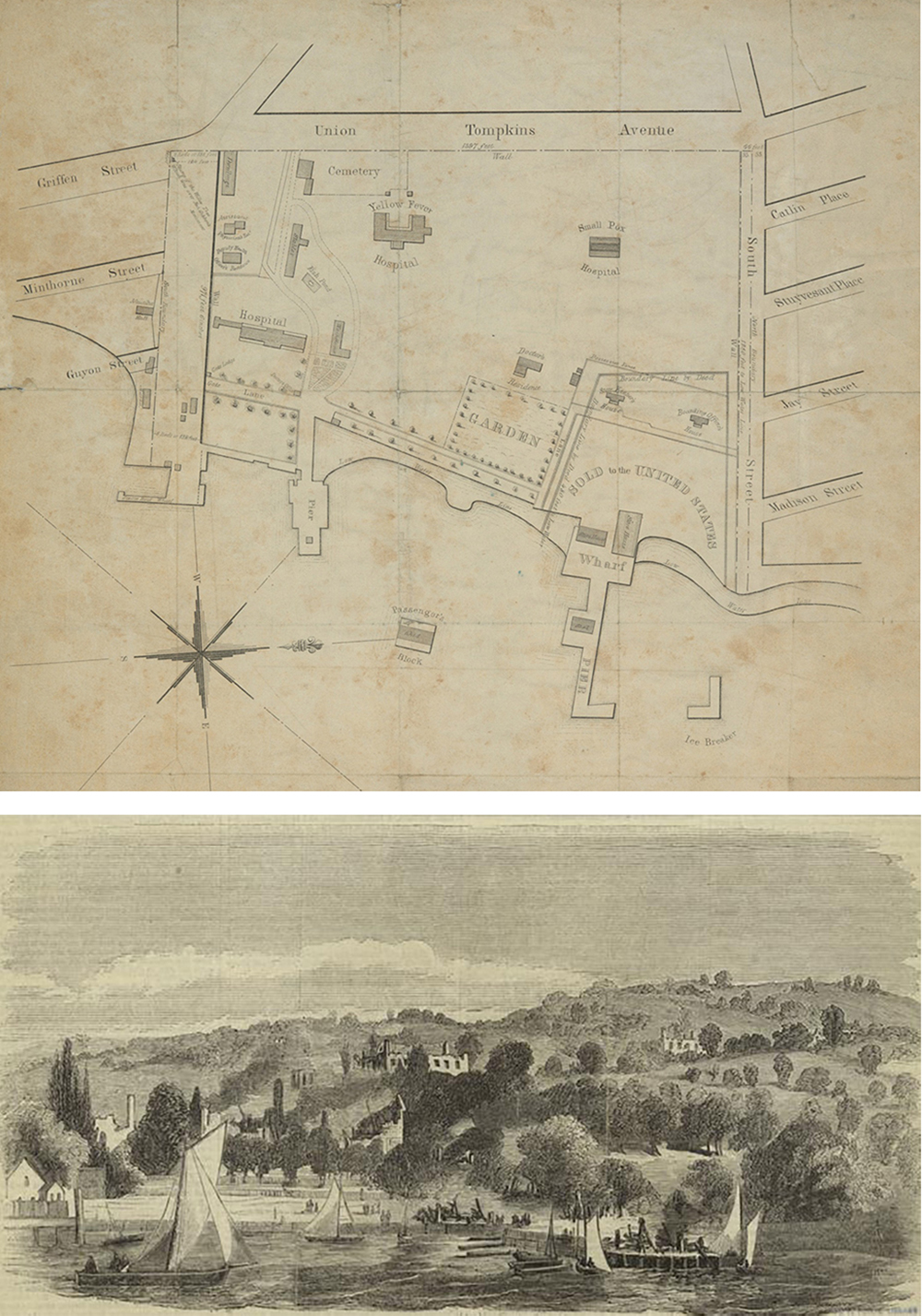 Top: Map of the Marine Hospital, 1845. Bottom: The ruins of the quarantine establishment on Staten Island, 1858. The New York Public Library.