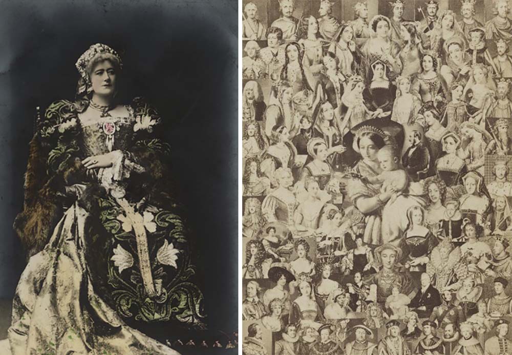 Left: Ellen Terry as Queen Catherine in Henry VIII, 1892. Photograph by Window & Grove. Right: <em>The Kings and Queens of England, from the Conquest to Queen Victoria</em>, by Henry Hering, 1862.