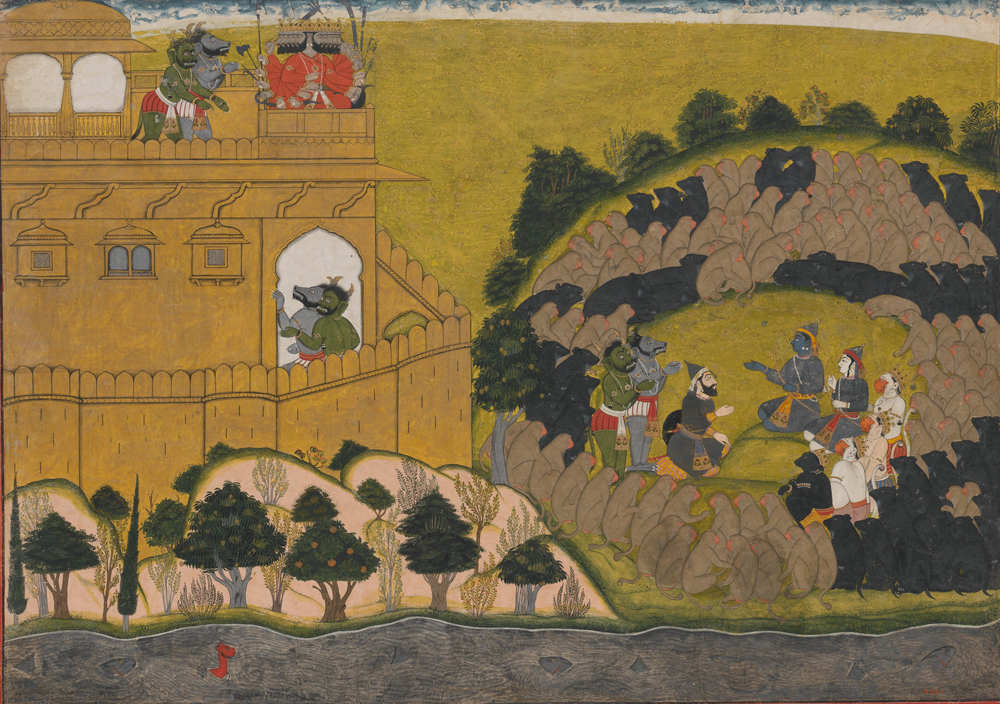 “Rama Releases the Demon Spies Shuka and Sarana,” folio from a Ramayana “Siege of Lanka” Series, c. 1725. The Metropolitan Museum of Art.