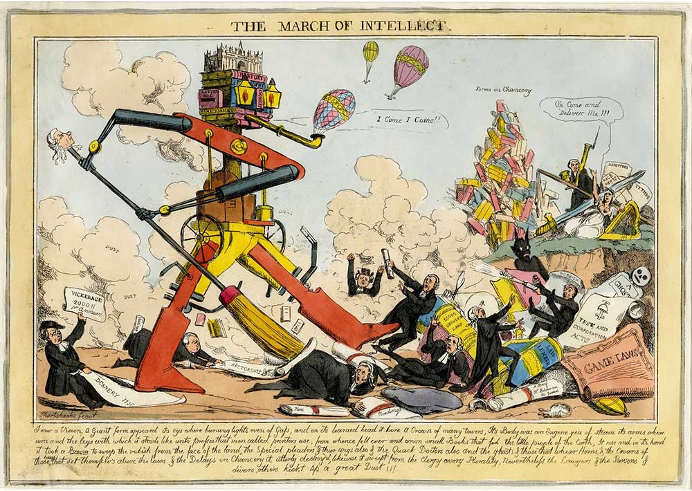 https://www.bl.uk/collection-items/march-of-the-intellect The March of Intellect, by William Heath, c. 1828.