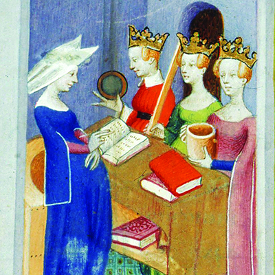 Three crowned women facing a fourth woman