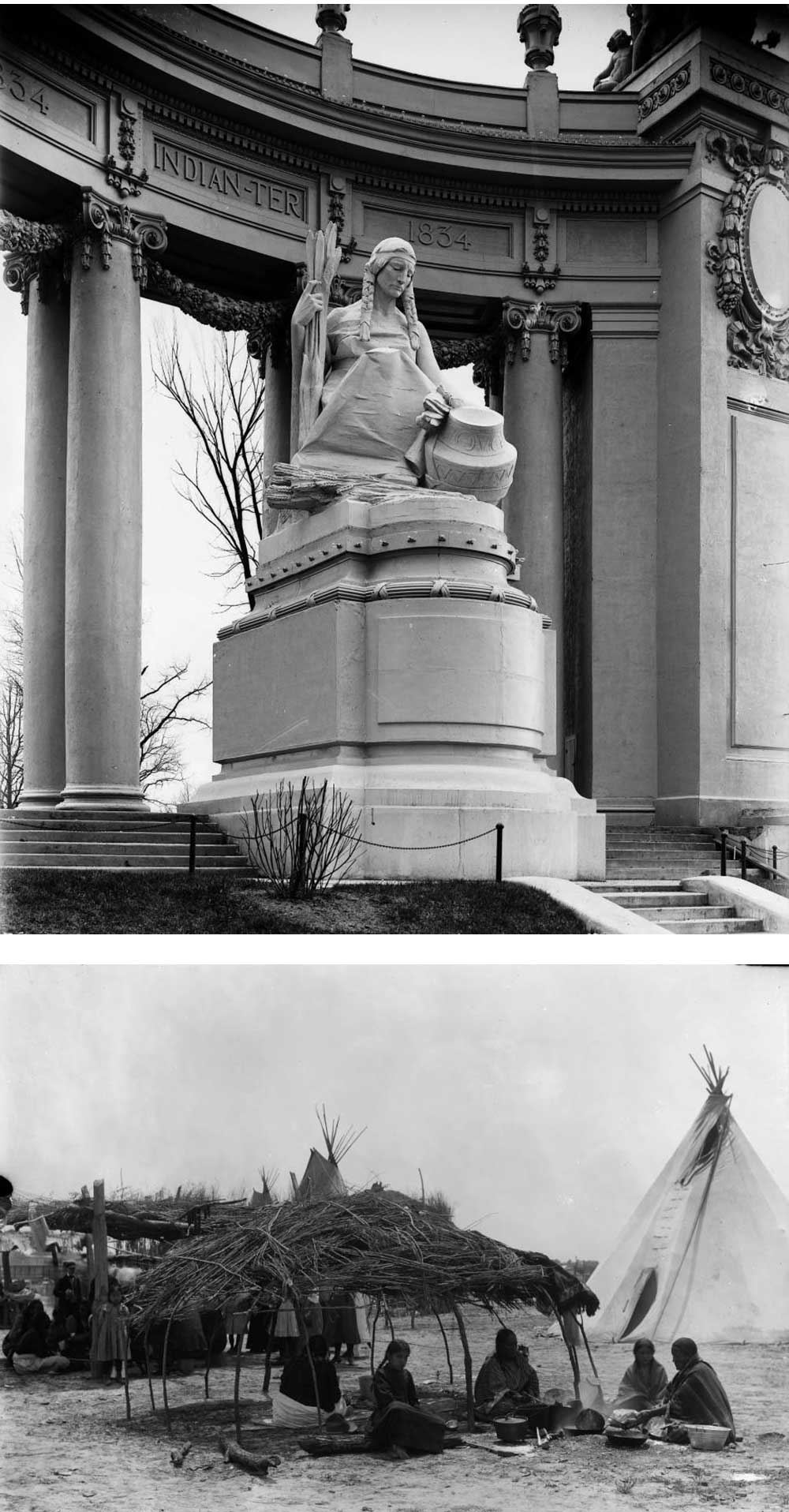 Top: Statue of Indian Territory in the Colonnade of States, 1904. Bottom: Apache Indian camp, 1904.