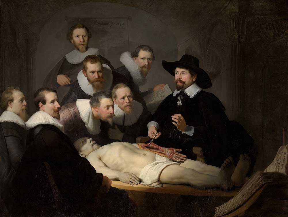 Painting of men closely observing a dissection.