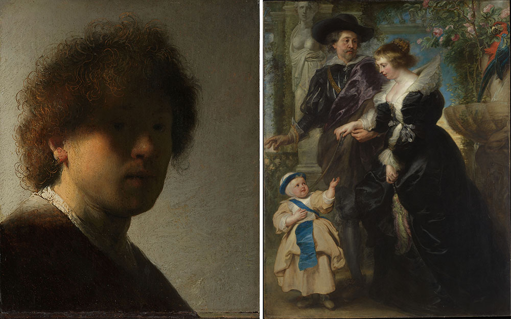 Left: Self-Portrait, by Rembrandt van Rijn, c. 1628. Right: Rubens, Helena Fourment, and Their Son Frans, by Peter Paul Rubens, c. 1635.