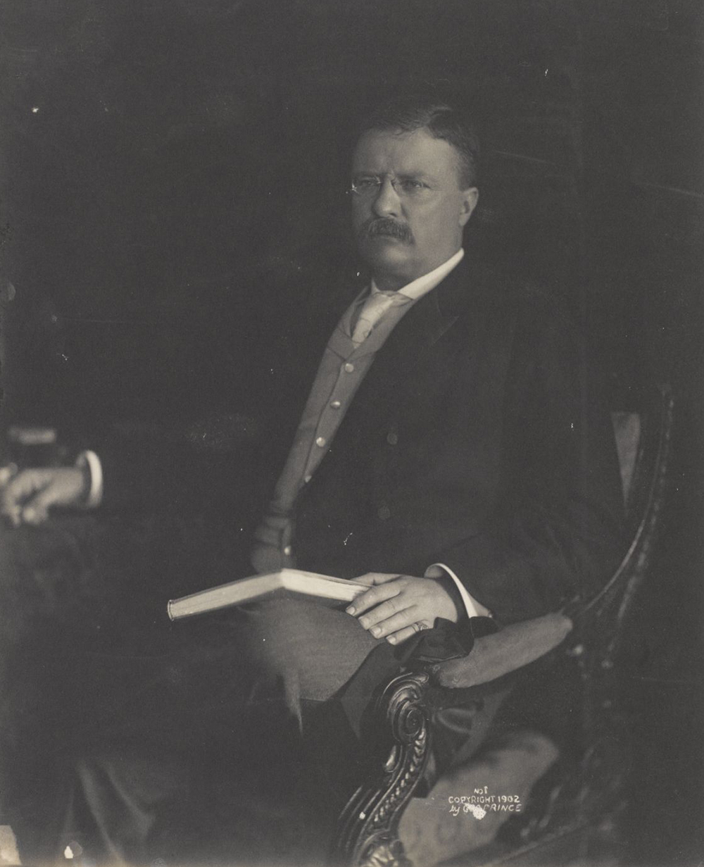 Theodore Roosevelt holding a book in his lap, 1902. Library of Congress, Prints and Photographs Division.