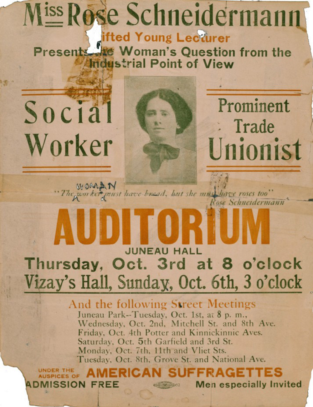 A poster featuring American social activist Rose Schneiderman, 1912. New York University, Tamiment Library and Robert F. Wagner Archives.