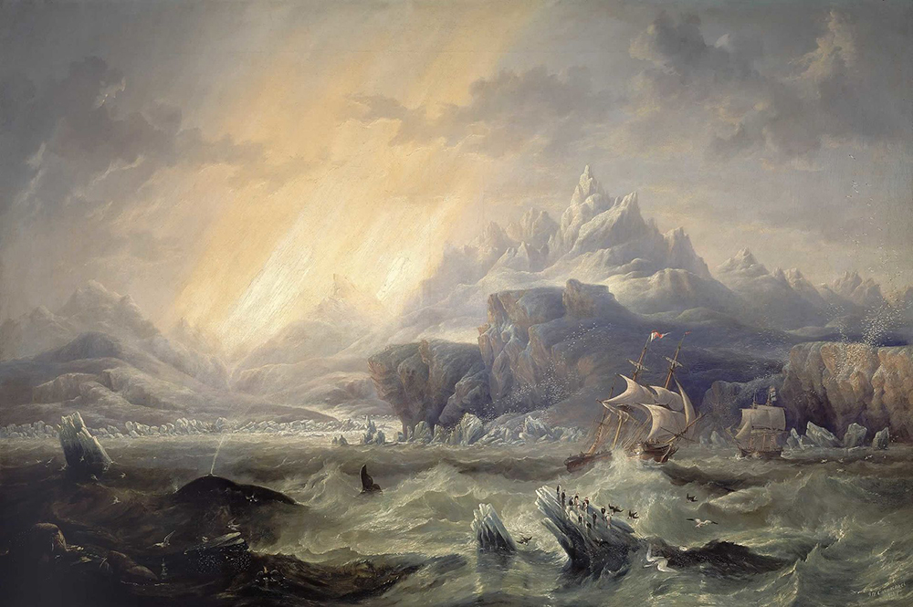 HMS Erebus and Terror in the Antarctic, by James Wilson Carmichael, 1847. Wikimedia Commons, National Maritime Museum, Greenwich, London.
