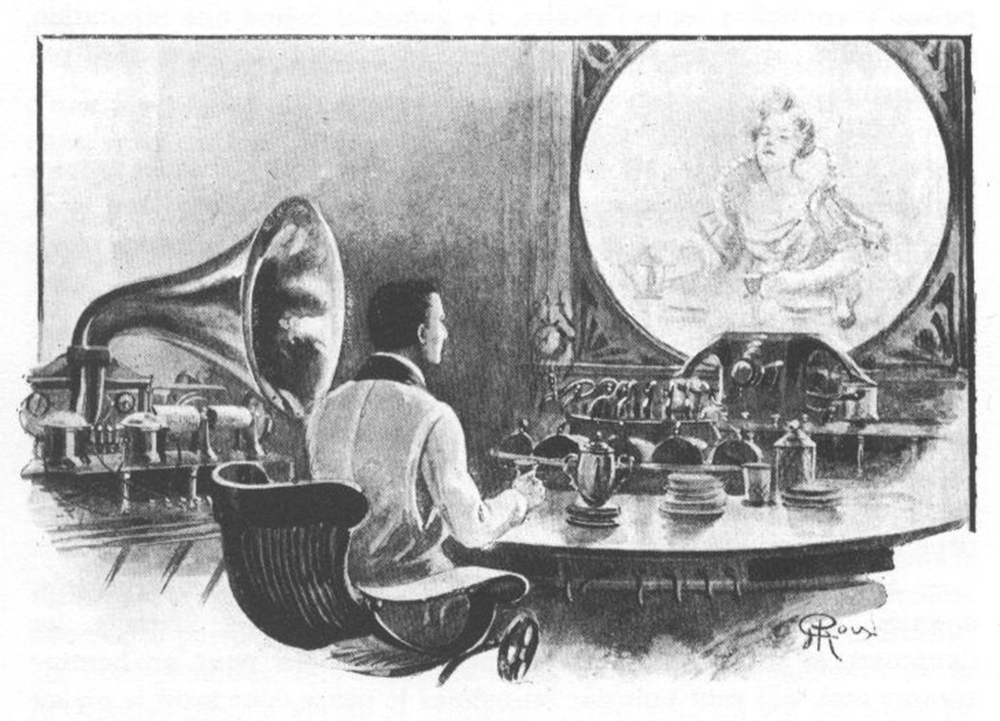 An illustration from Jules Verne’s short story “La Journée d’un journaliste américain en 2889” (In the Year 2889) by George Roux, 1910.