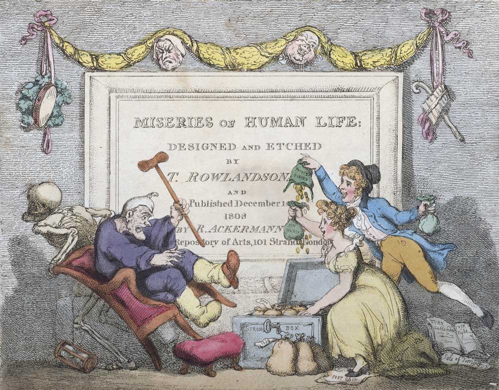A skeleton drags away a seated old man as a young man and man hold bags of money over a strongbox.