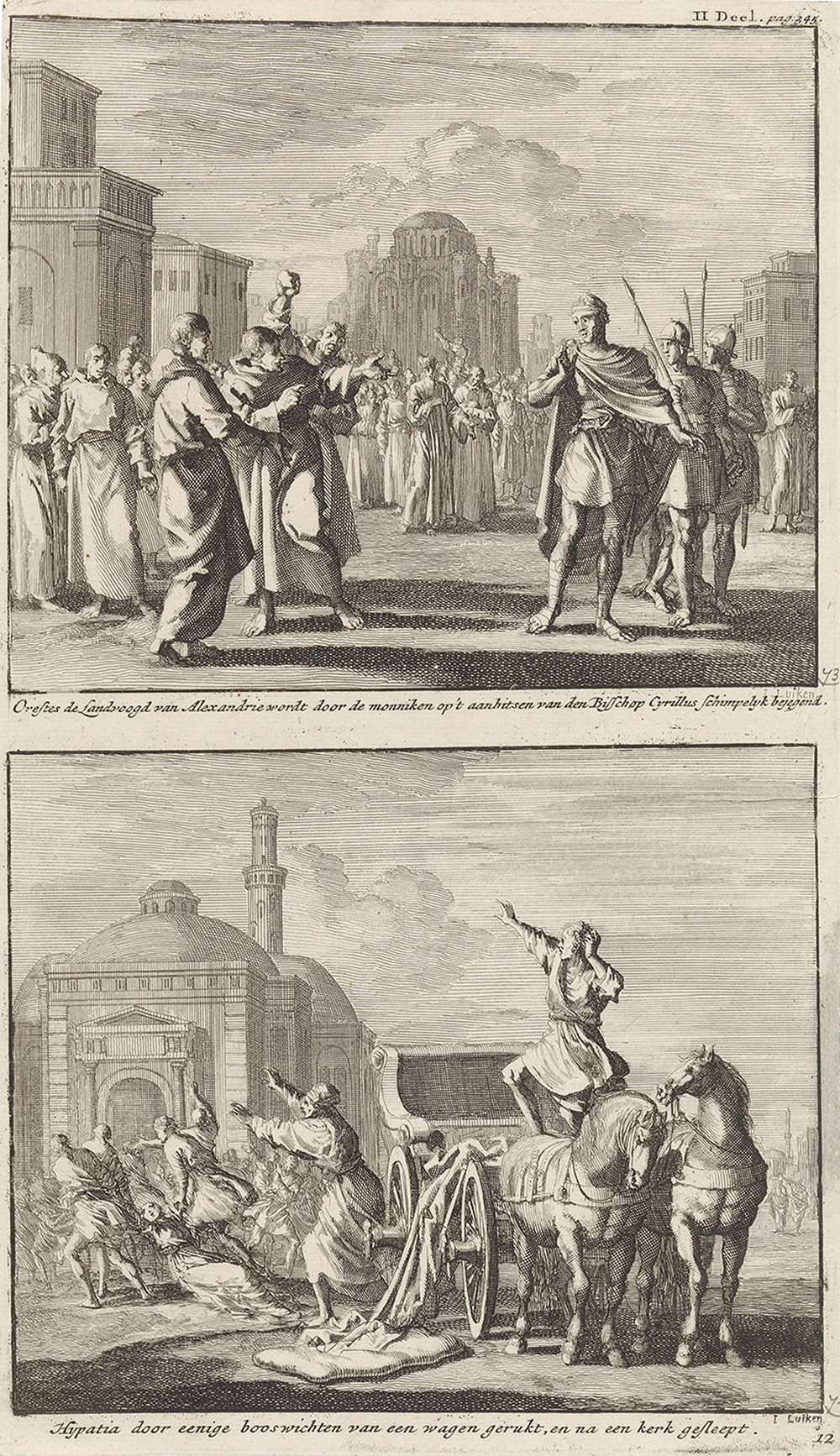 Orestes wordt bespot door monniken en Hypatia wordt door christenen uit haar koets getrokken, door Jan Luyken, 1701. Rijksmuseum.