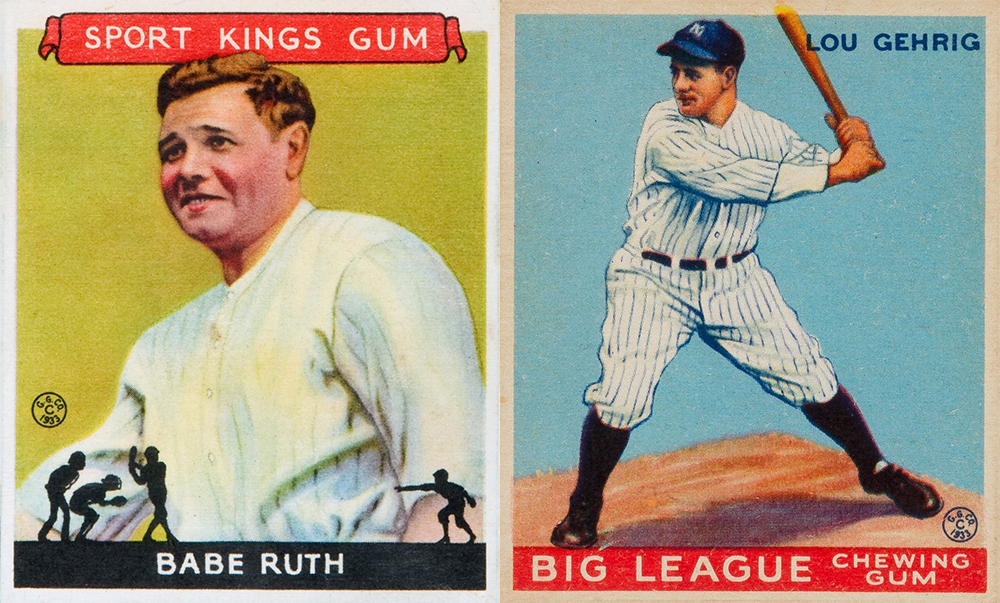 Babe Ruth and Lou Gehrig, 1933 Goudey baseball cards.