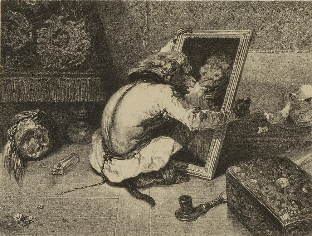 Monkey in the Mirror, by Eugène Leroux, after Alexandre Gabriel Decamps, nineteenth century.