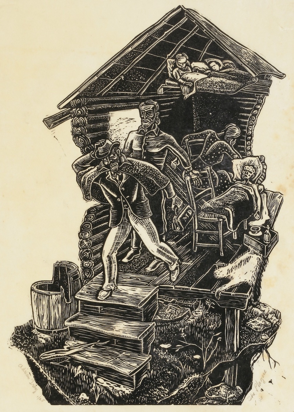 A woodcut showing the inside of a home. Several people are sick, while others care for them. A doctor is on his way out the door.