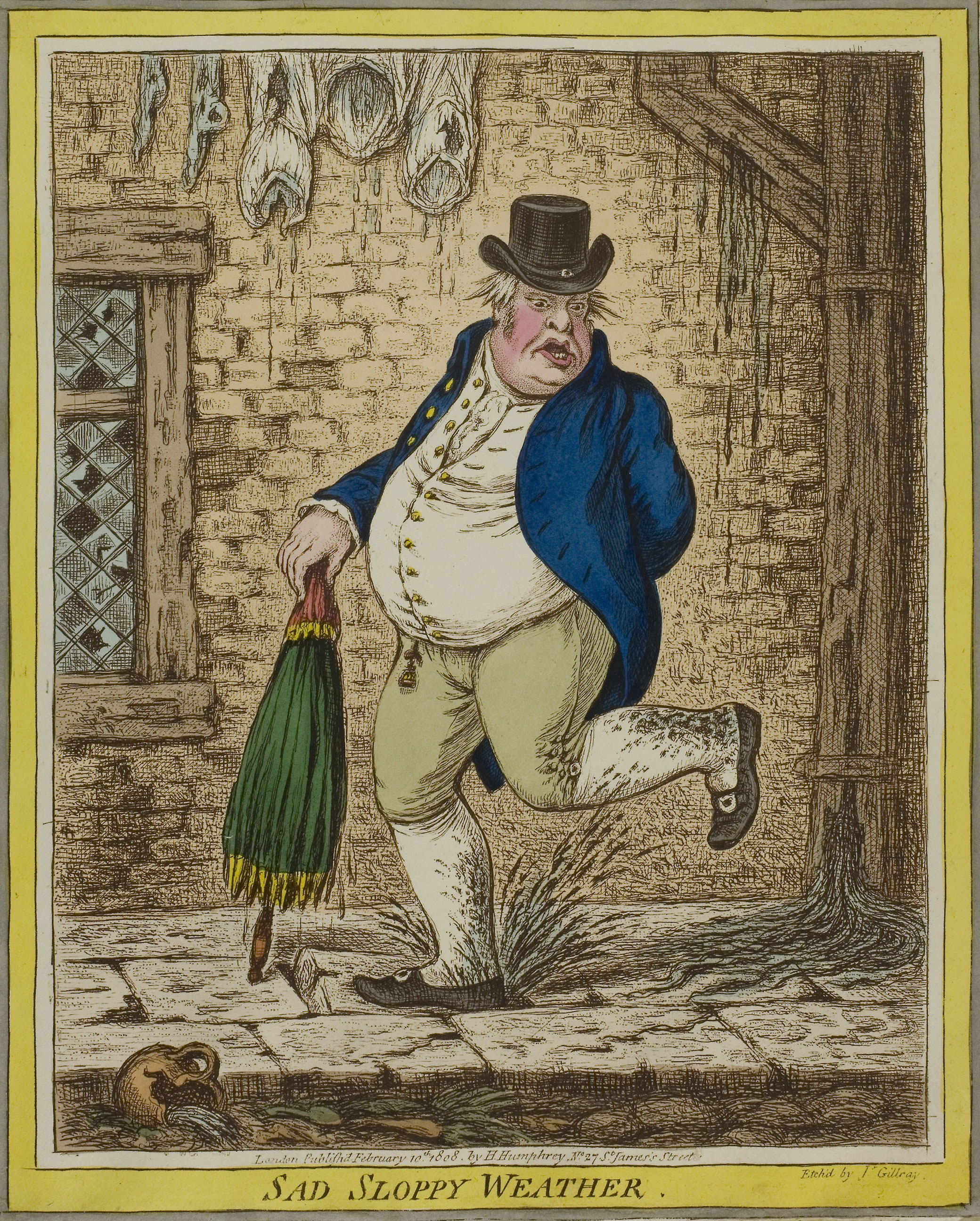 <em>Sad Sloppy Weather</em> by James Gillray, 1808. Art Institute of Chicago, Gift of Thomas F. Furness in memory of William McCallin McKee. A print of a man walking through puddles carrying an umbrella.