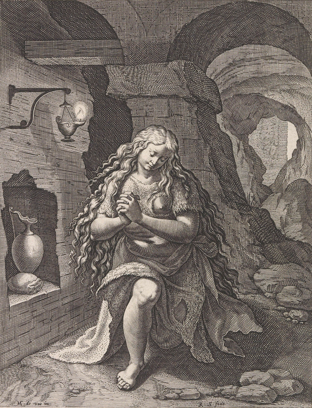 Mary Magdalene as the female personification of fasting, by Raphaël Sadeler, after Maerten de Vos, c. 1589. Rijksmuseum.