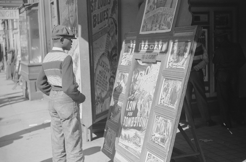 Photograph of entrance to a movie house on Beale Street in Memphis, Tennessee, by Marion Post Wolcott, 1939.