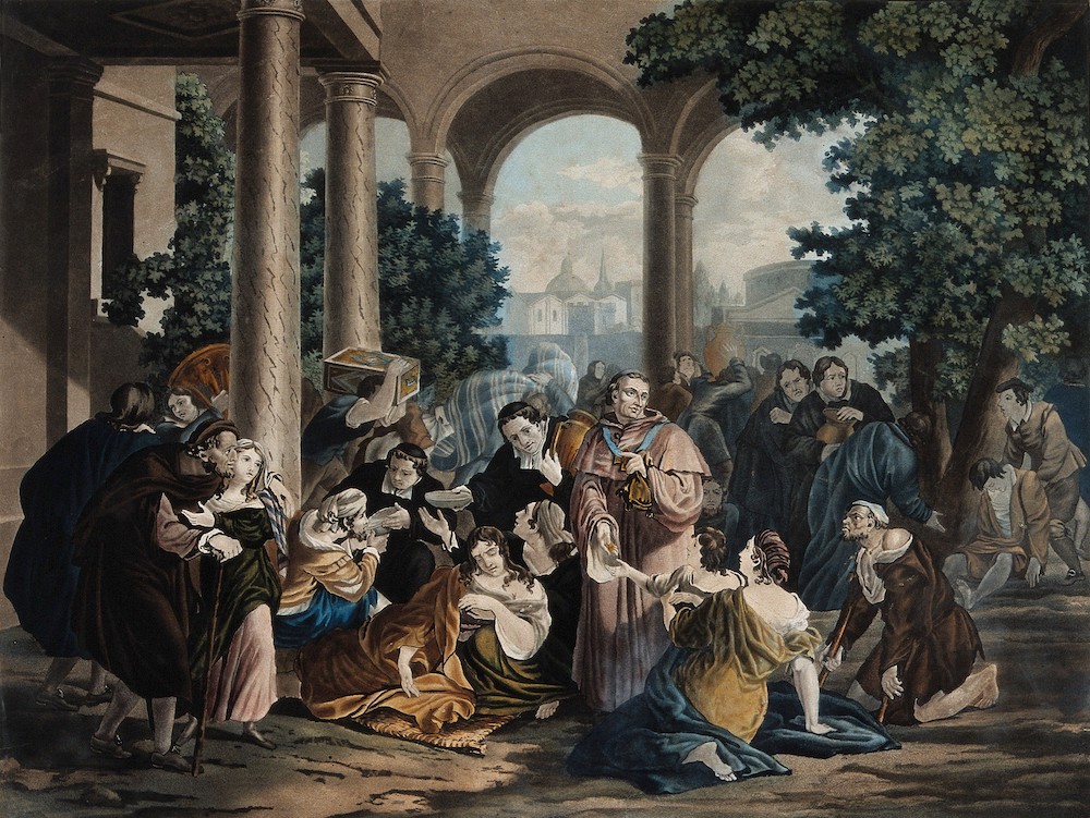 A depiction of Saint Carlo Borromeo giving alms to the plague victims in Milan.