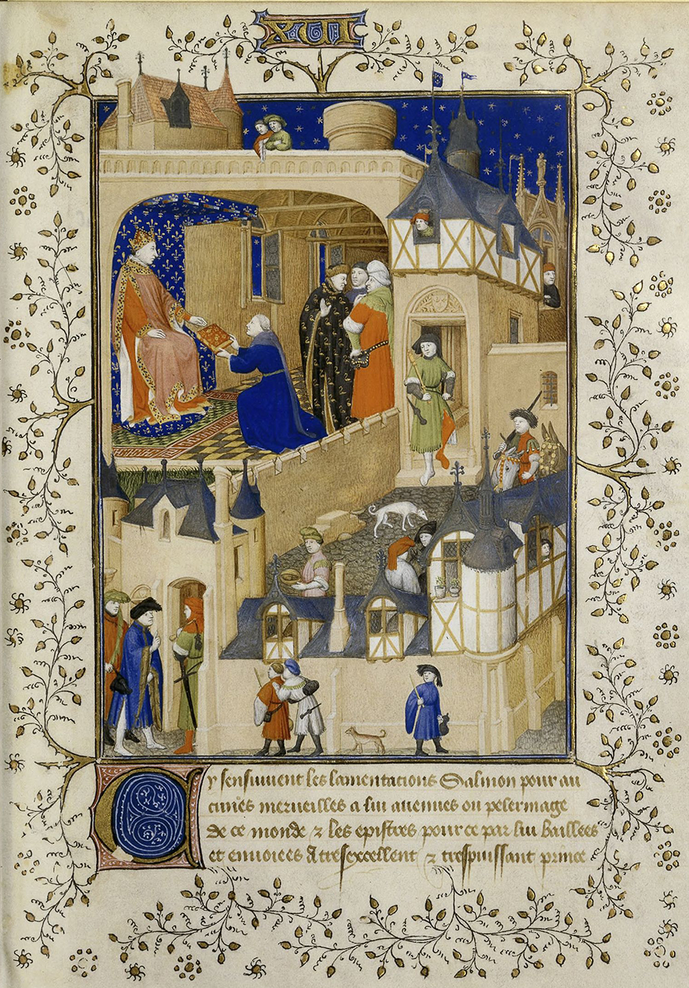 Detail from a 1409 manuscript of Pierre Salmon’s Dialogues, showing the author presenting his work to King Charles VI of France.
