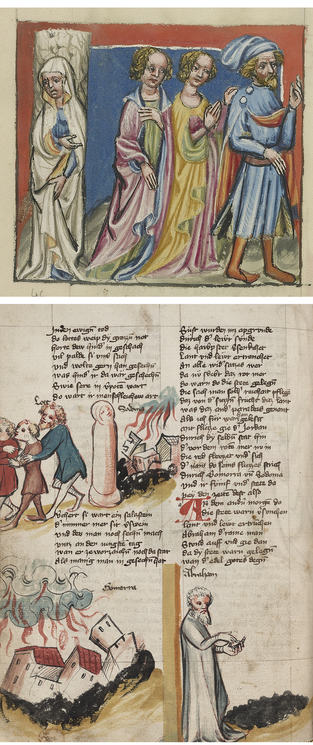 Top: Lot’s Wife Becomes a Pillar of Salt, by Rudolf von Ems, c. 1400. Bottom: Page from Weltchronik, by Rudolf von Ems, 1402.