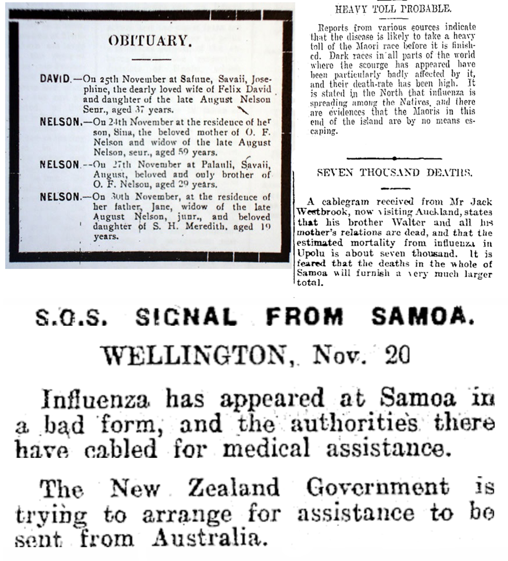 Newspaper clippings from the Samoan Times, Auckland Star, Ashburton Guardian, and Dominion, 1918. New Zealand Ministry for Culture and Heritage and the National Library of New Zealand (CC BY-NC-SA 3.0 NZ).