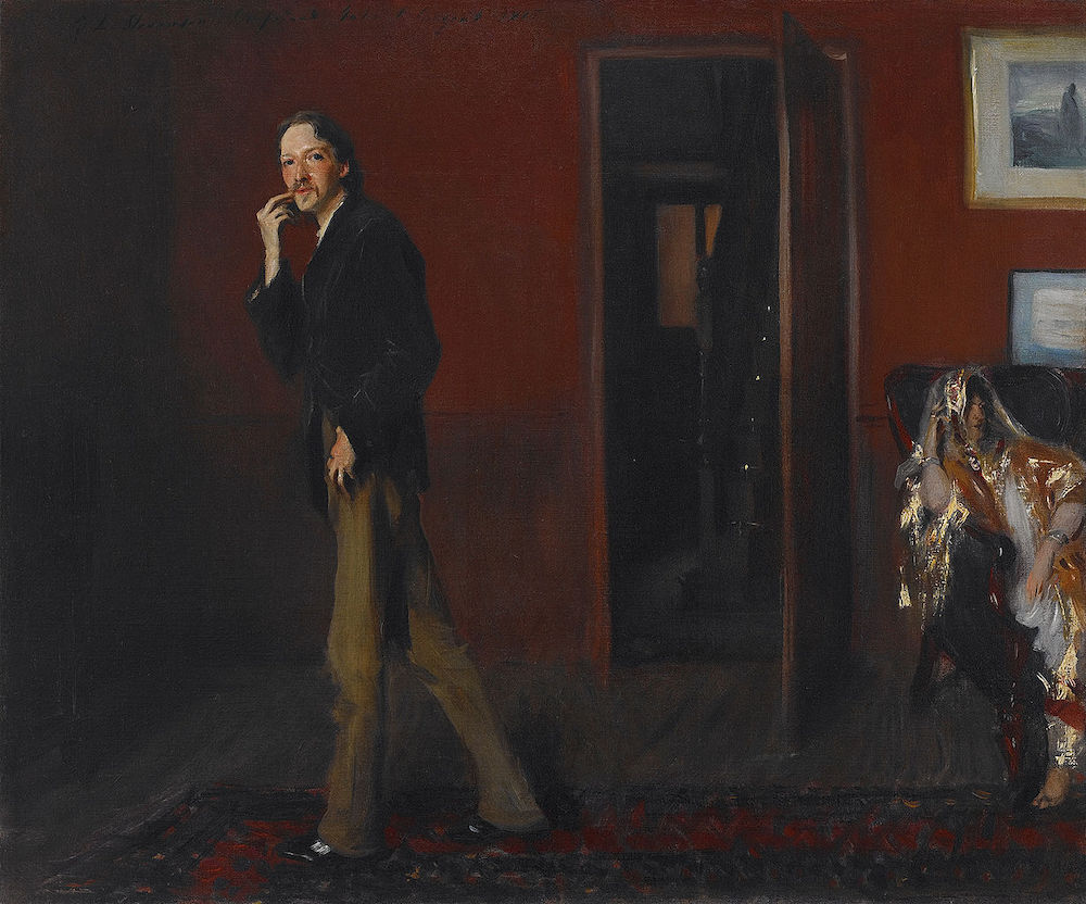 A painting of Robert Louis Stevenson standing in a dark room, looking directly at the viewer. His wife is seated on a couch in the lower right corner of the frame.