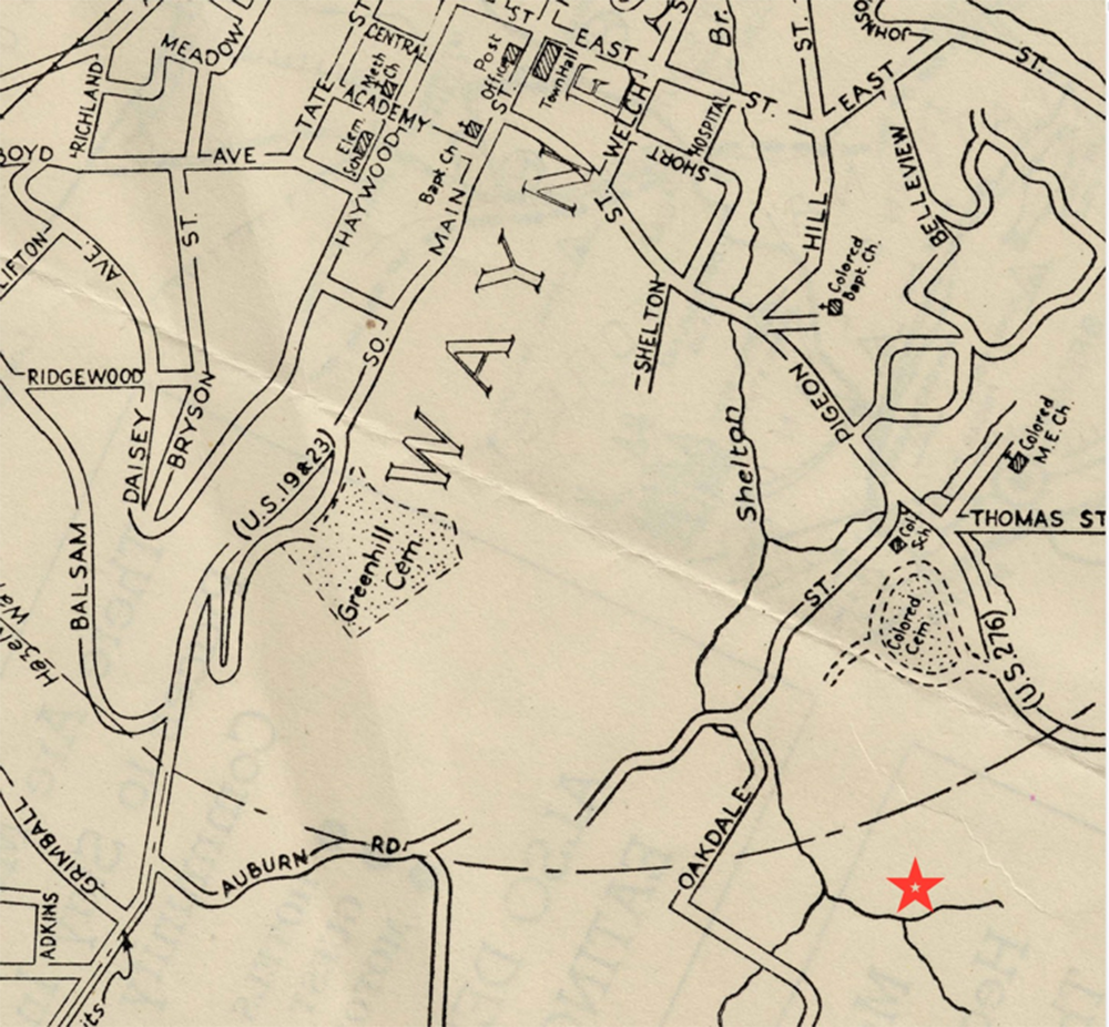 A 1945 map of the same area in Waynesville, North Carolina. The star marks the Fitzgerald property.