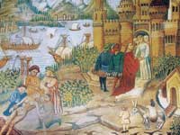 Tapestry of turreted buildings next to water with people in front